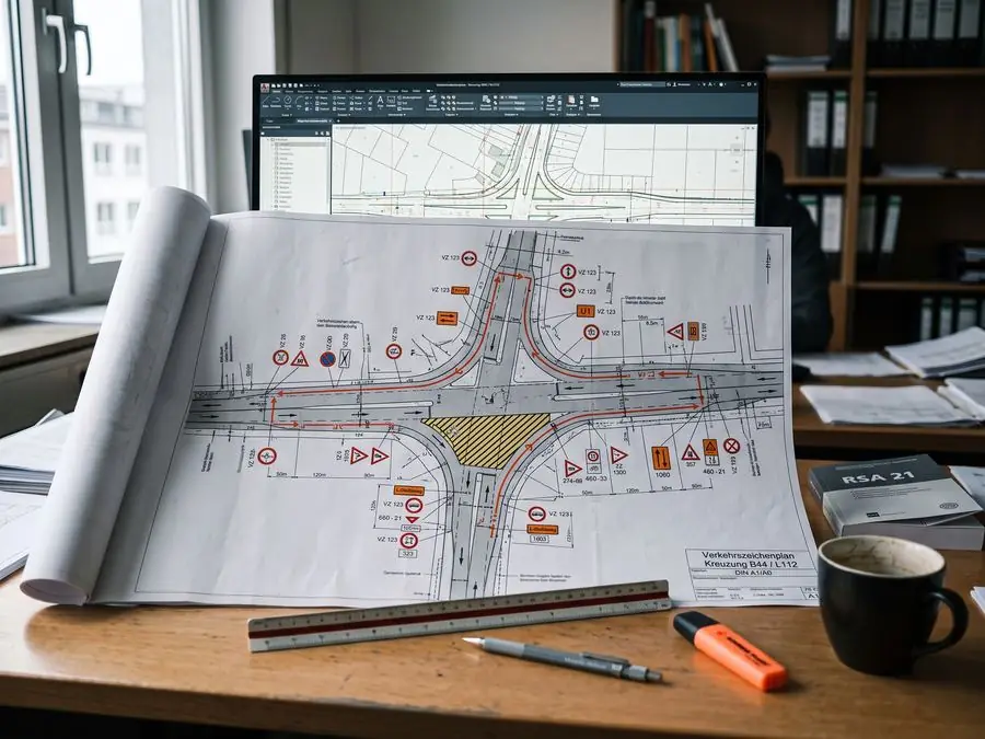 Verkehrszeichenplan mit farbig markierter Umleitungsführung auf einem Planungstisch