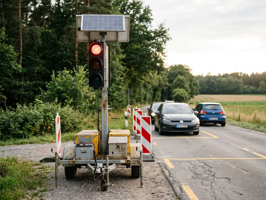 Transportable Lichtsignalanlage auf Anhänger mit rotem Signal an einer Fahrbahnsperrung