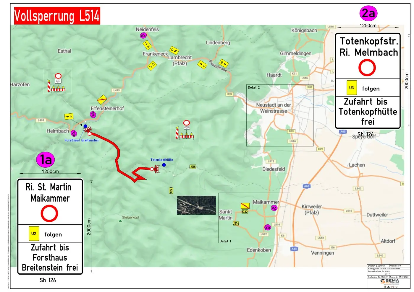 Verkehrszeichenplan einer Vollsperrung der Landesstraße L514 mit zwei ausgeschilderten Umleitungsstrecken